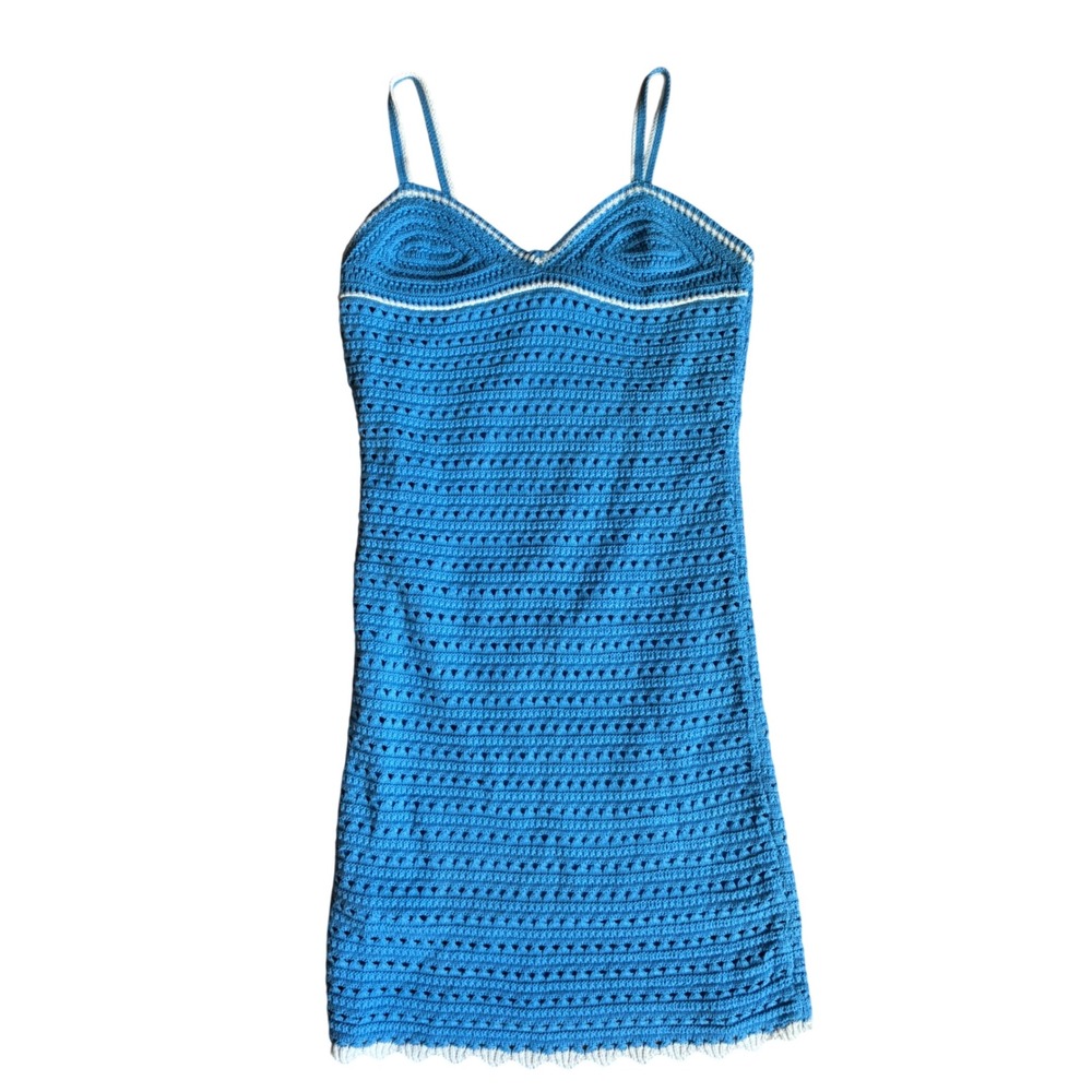 Willow & Wind Blue Crochet Mini Dress L Scalloped Hem Cottagecore Layering